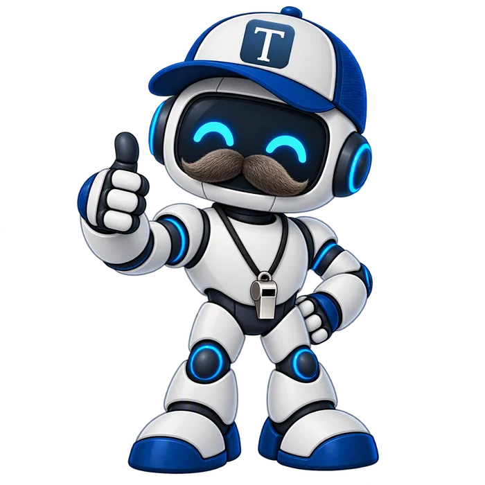 Coach Claude, a friendly mustachioed robot in a Techworks cap with a whistle around its neck, giving a thumbs up